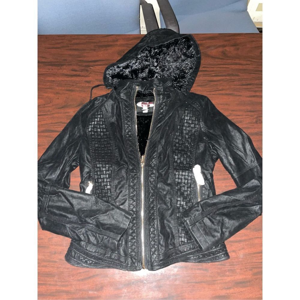 Black Women’s Hooded Faux Leather Jacket